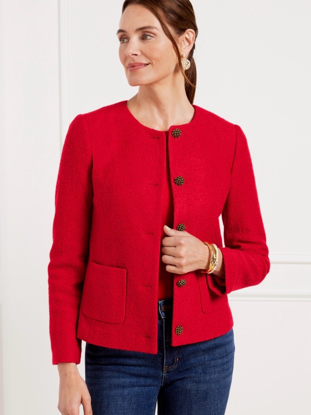 NWT Talbots Berkshire Red Collarless Boucle Jacket with Decorative Buttons 16